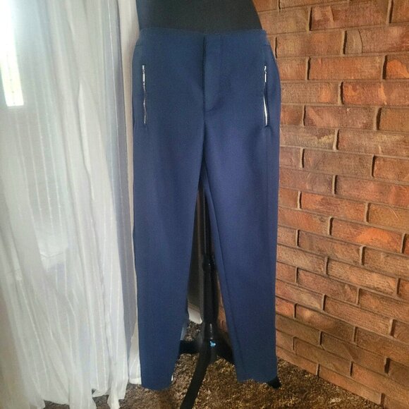 ZARA Women's Basic Zip Pockets Flat Front Blue Ankle Pants - Size M - Picture 1 of 13
